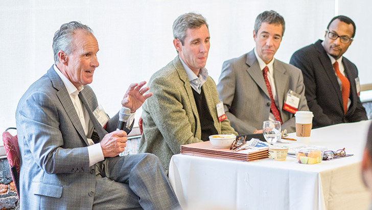 From left: Panel members Paul McConnell, Patrick Callahan, David Gates and Rick Nicklos share possible strategies to address the findings of a report that looked at Delaware's tech community