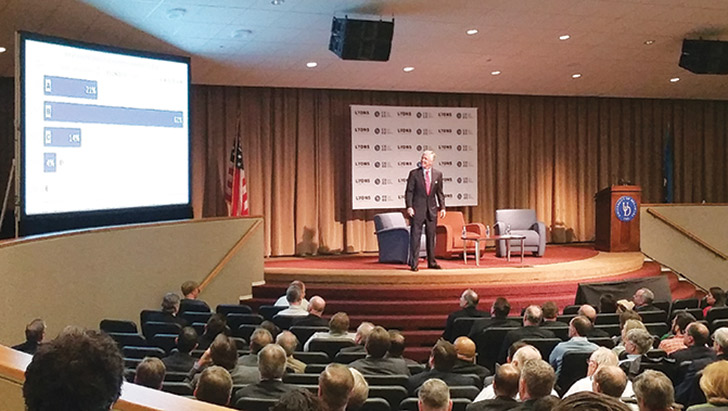 The audience at the Lyons Companies' 2016 Economic Forecast surprised itself when its answers were flashed on a screen. Most said they'd vote for Trump and believe the stock market will rise in 2016.